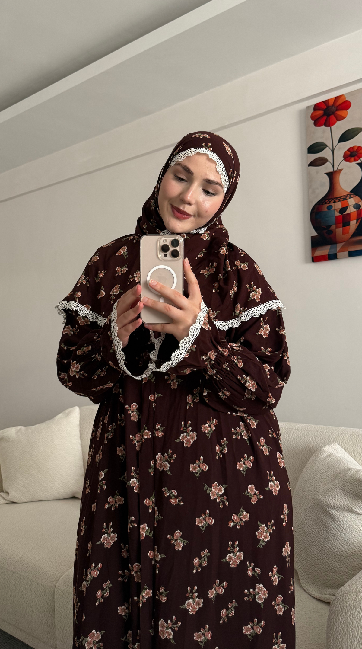 Liya Pamuklu Kahve Çiçek Desenli Namaz Elbisesi (Ön Sipariş)