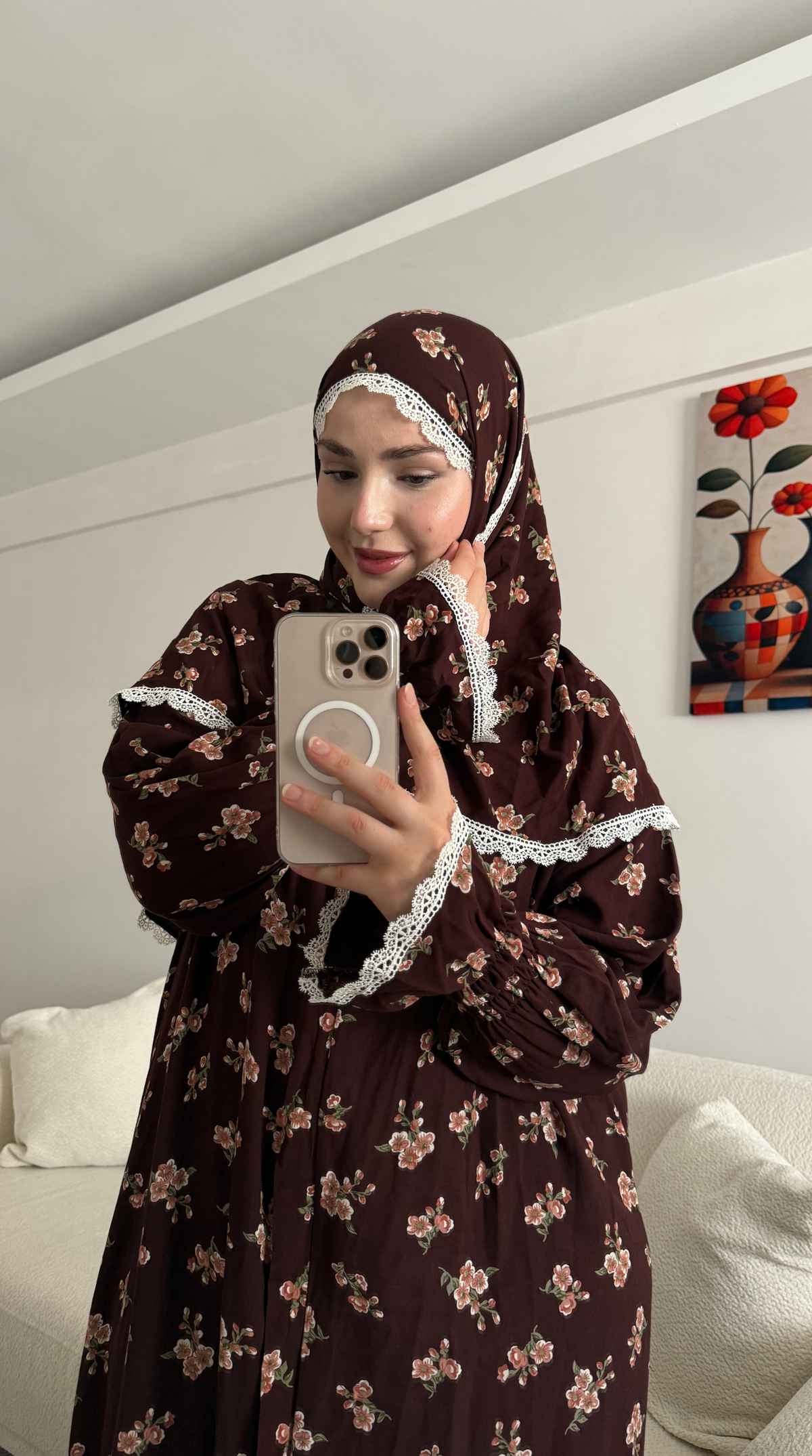 Liya Pamuklu Kahve Çiçek Desenli Namaz Elbisesi (Ön Sipariş)