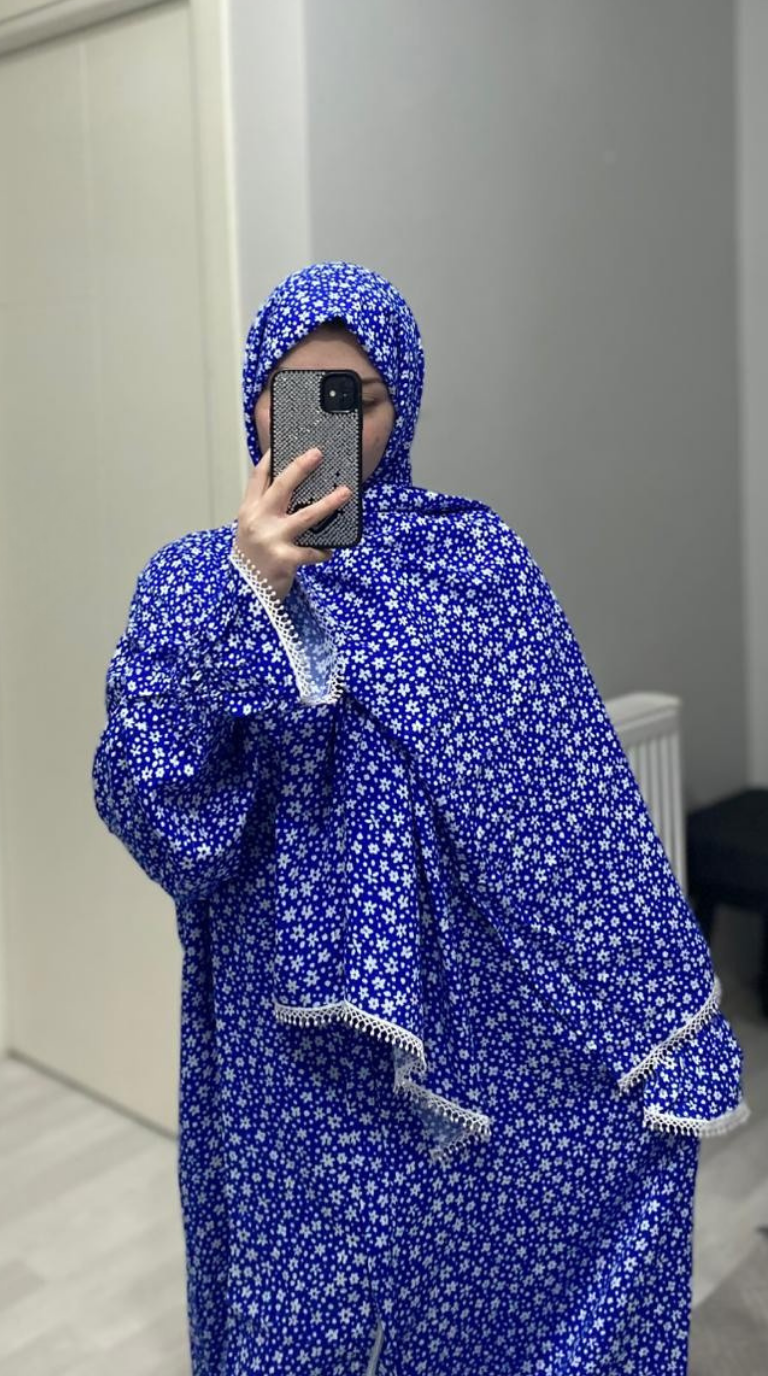 Liya Pamuklu Mavi Çiçek Desenli Namaz Elbisesi