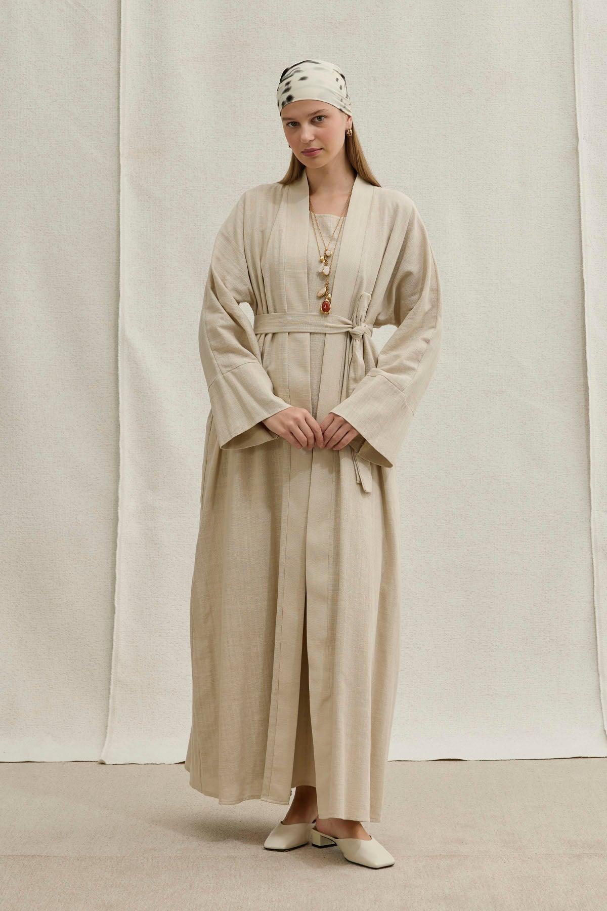 Soft Cotton Keten İkili Takım Taş Abaya