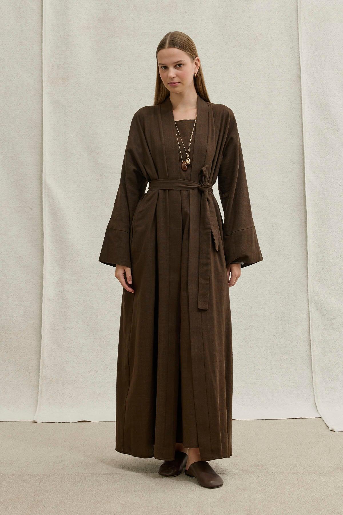 Soft Cotton Keten İkili Takım Kahverengi Abaya