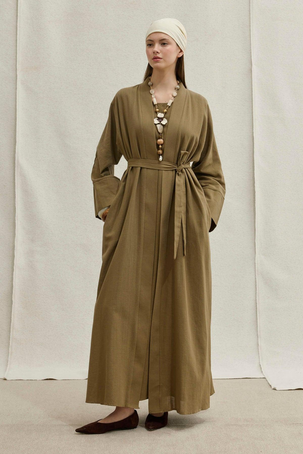 Soft Cotton Keten İkili Takım Haki Abaya