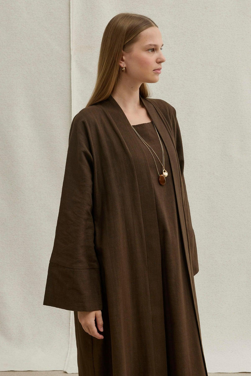 Soft Cotton Keten İkili Takım Kahverengi Abaya