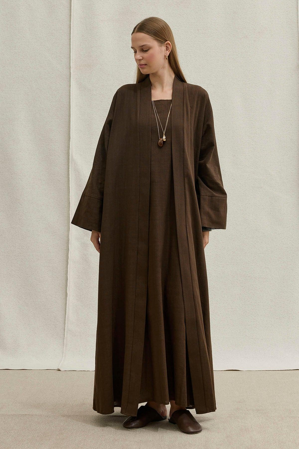 Soft Cotton Keten İkili Takım Kahverengi Abaya