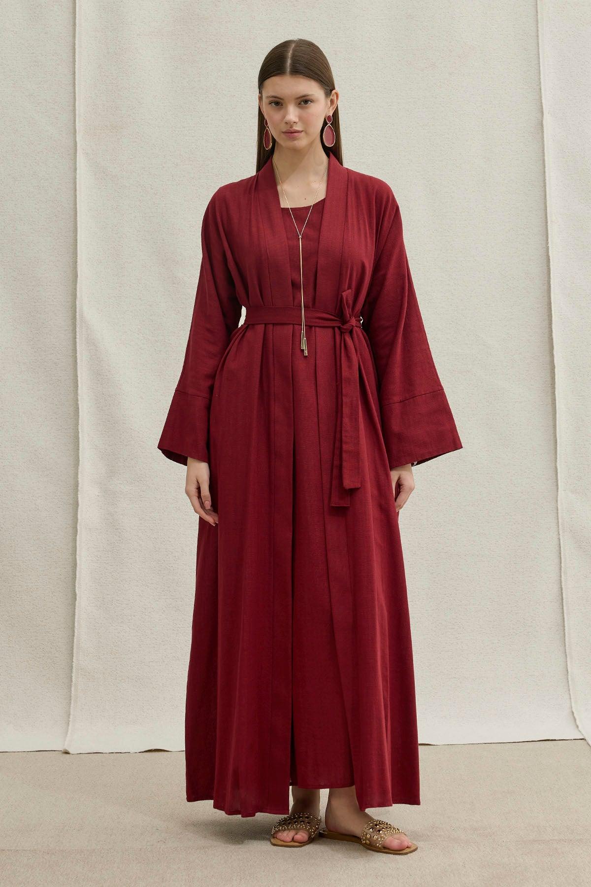 Soft Cotton Keten İkili Takım Bordo Abaya