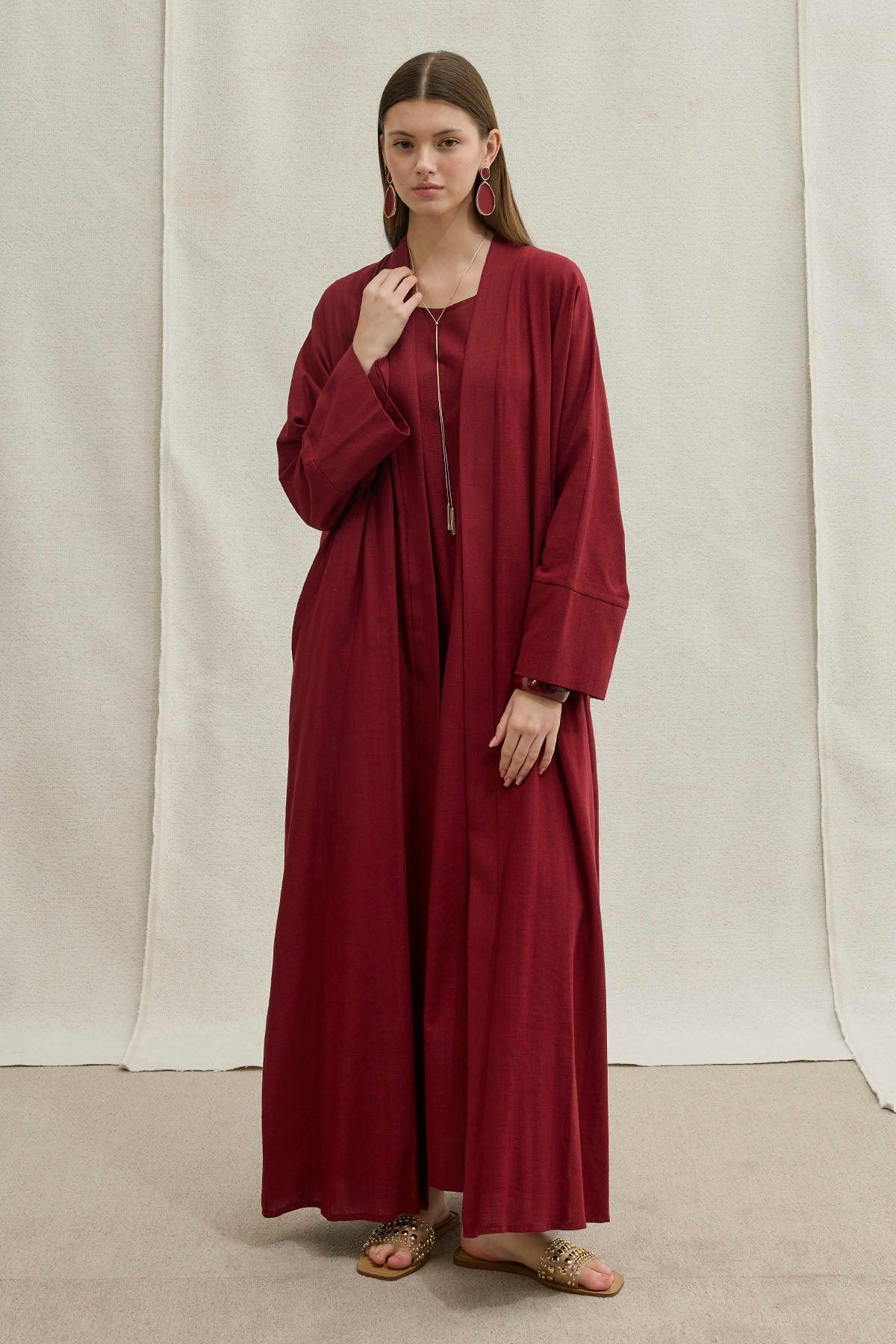 Soft Cotton Keten İkili Takım Bordo Abaya