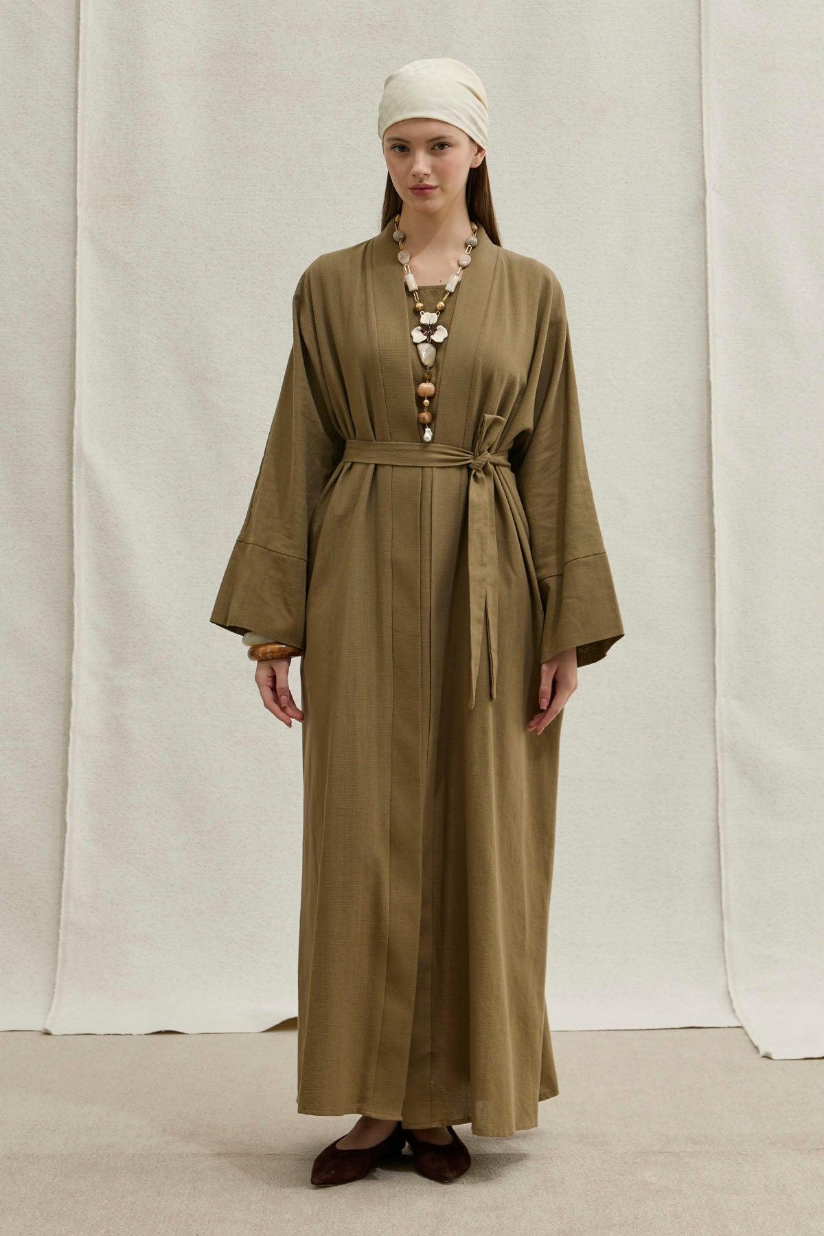 Soft Cotton Keten İkili Takım Haki Abaya