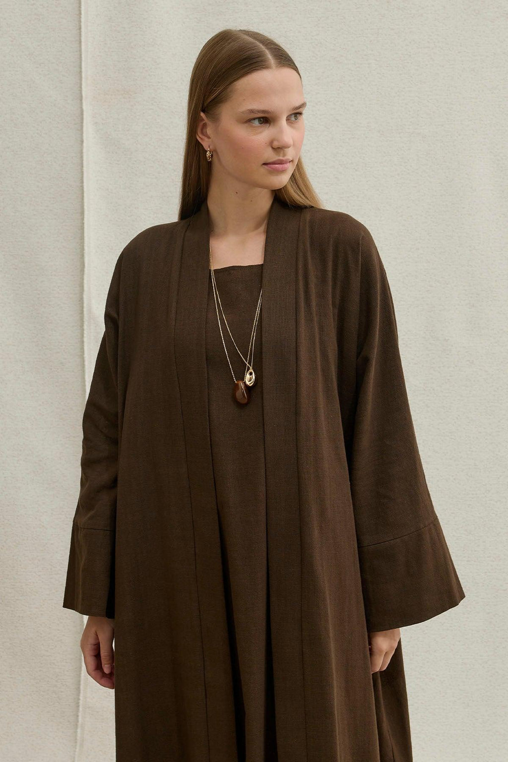 Soft Cotton Keten İkili Takım Kahverengi Abaya