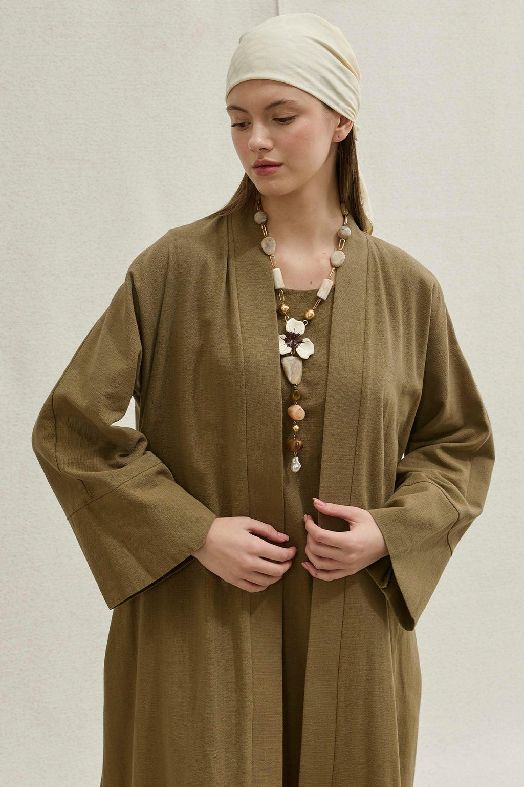 Soft Cotton Keten İkili Takım Haki Abaya