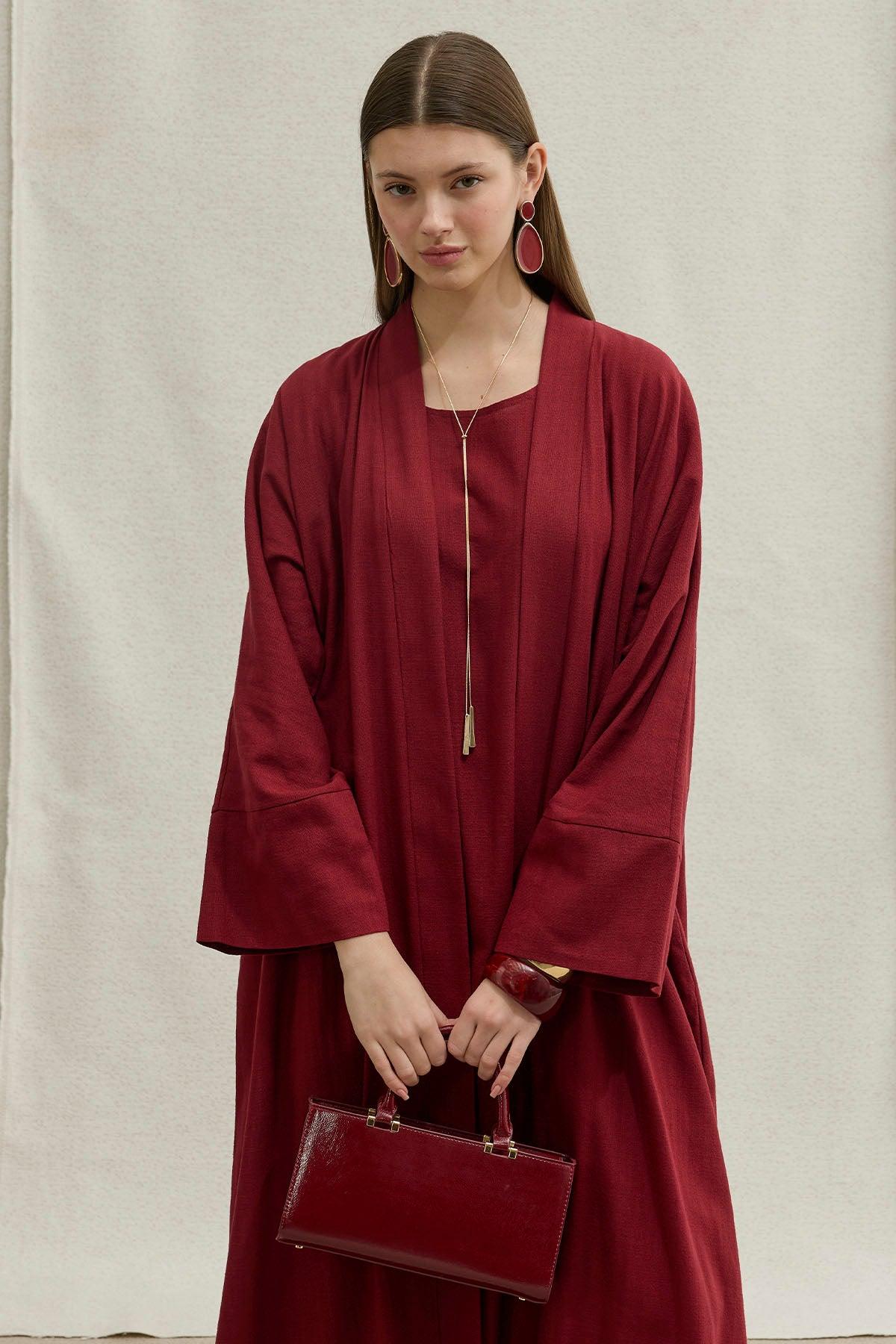 Soft Cotton Keten İkili Takım Bordo Abaya