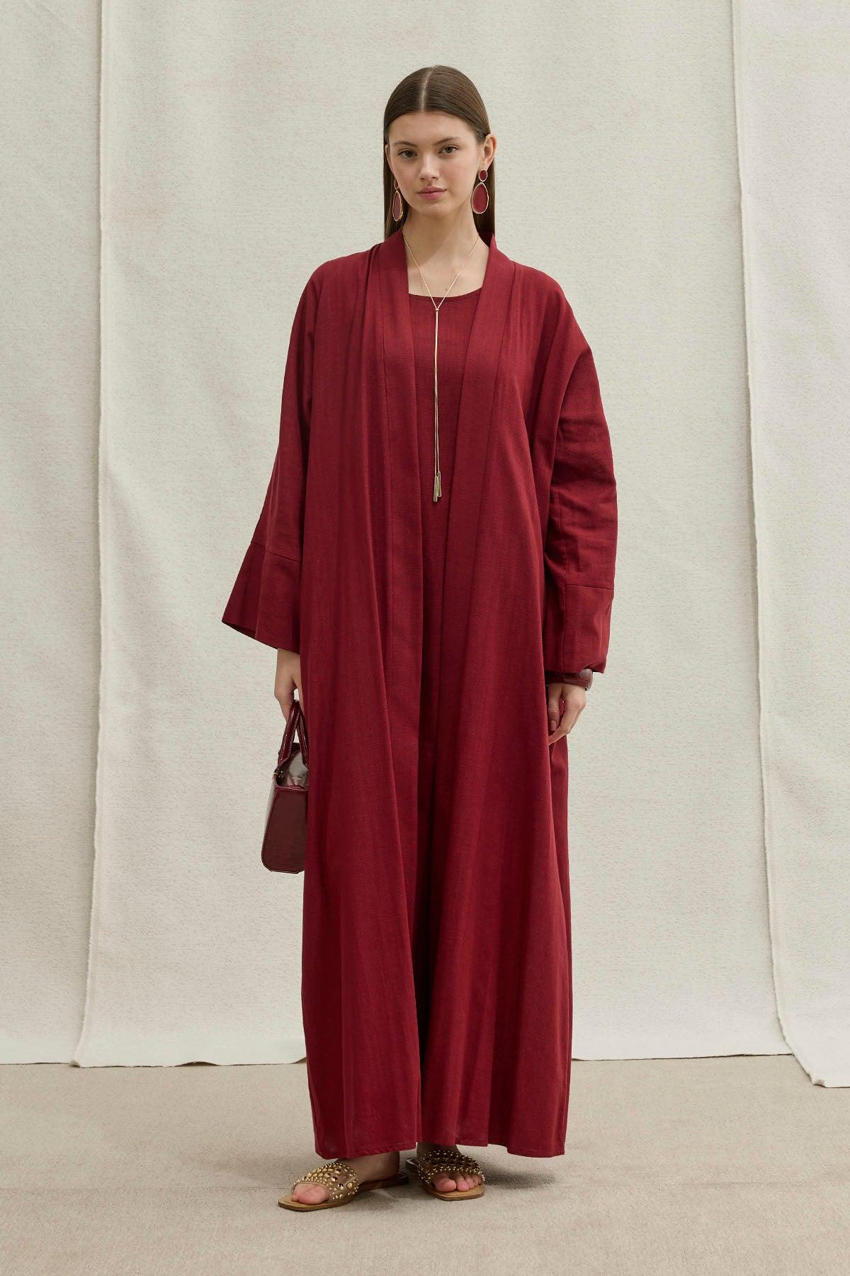 Soft Cotton Keten İkili Takım Bordo Abaya