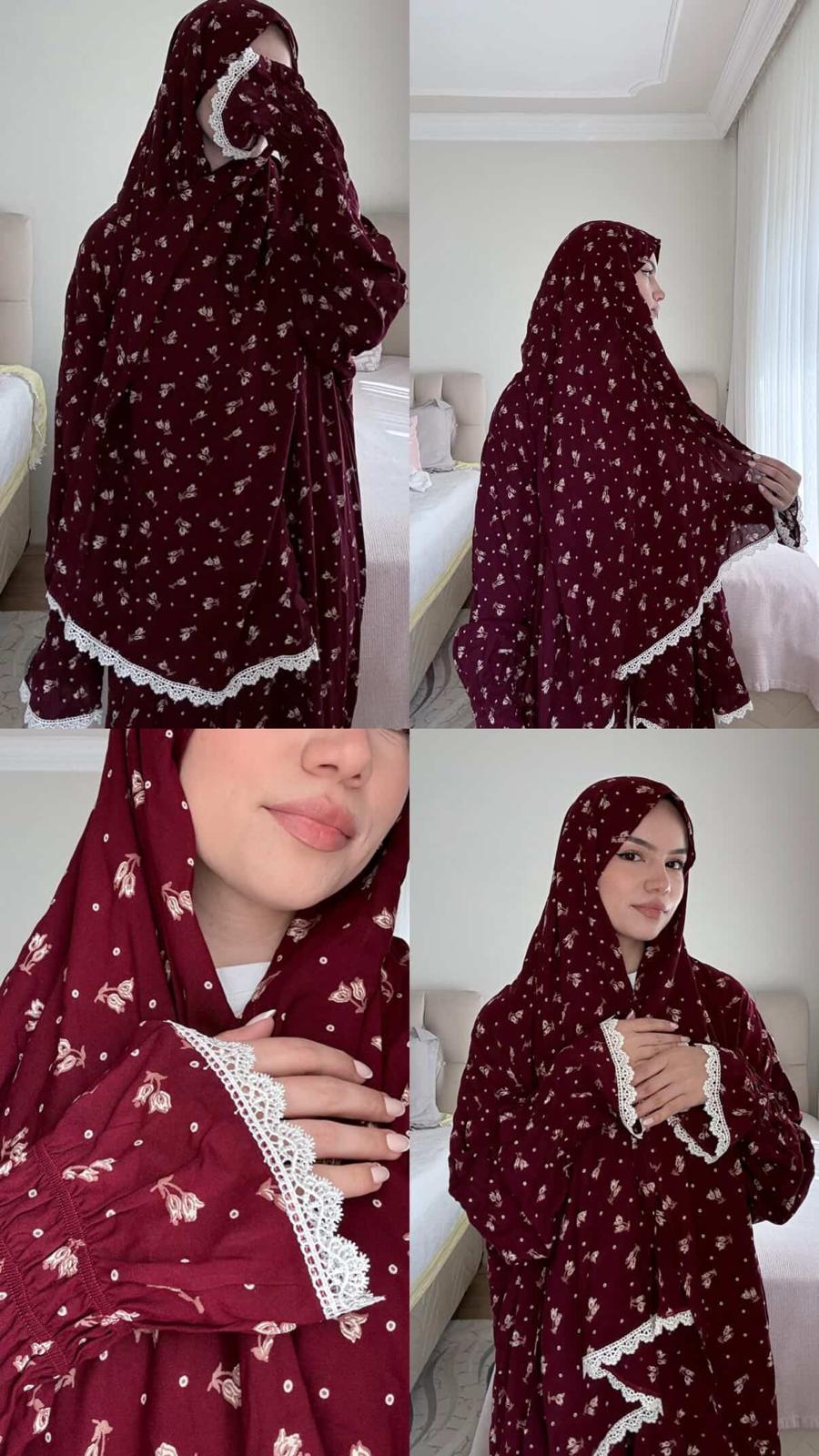 Liya Pamuklu Bordo Desenli Namaz Elbisesi