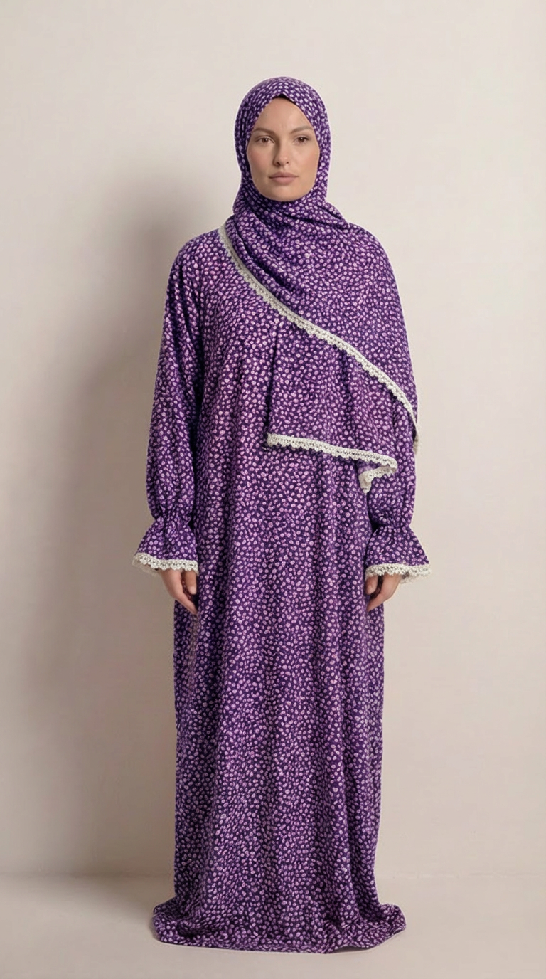 Liya Pamuklu Mor Çiçek Desenli Namaz Elbisesi