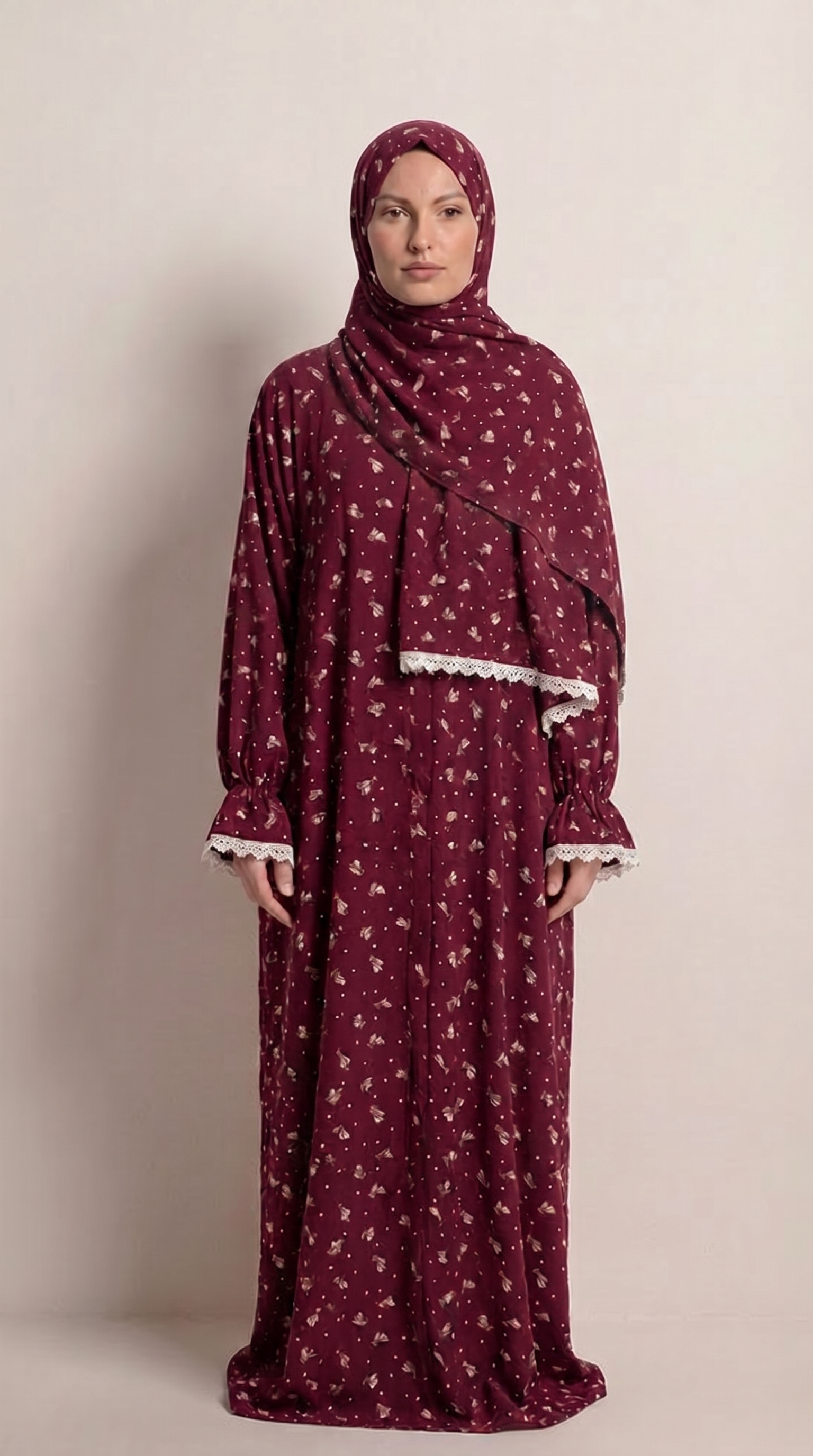 Liya Pamuklu Bordo Desenli Namaz Elbisesi