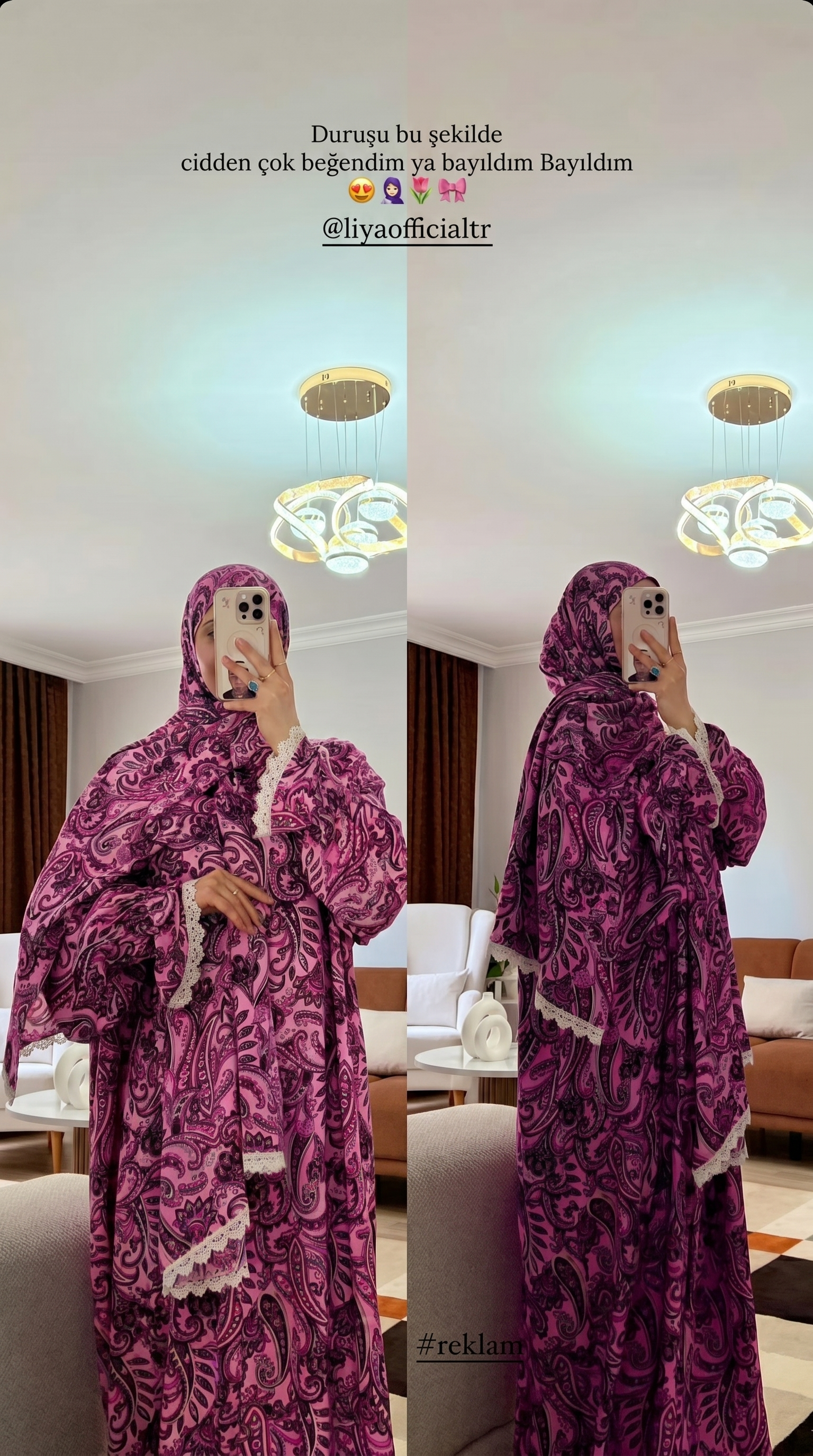 Liya Pamuklu Pembe Etnik Desenli Namaz Elbisesi